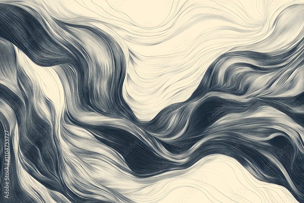Poster An abstract design featuring flowing lines in a wave-like motion, resembling fluidity and movement with a monochromatic style, evoking peace and elegance.