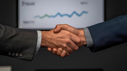 Business sales negotiation concept. A close-up of two hands shaking, symbolizing agreement and partnership, with a business graph in the background suggesting growth and collaboration.