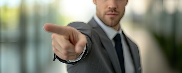 Fototapeta premium A professional man in a suit points assertively, conveying authority and confidence in a modern, blurred background.