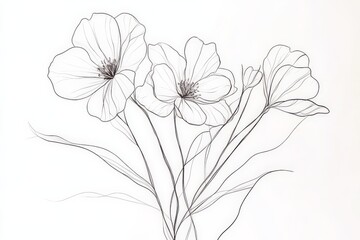 This illustration presents a delicate line drawing of blooming flowers, with thin lines capturing the fragility and grace of blossoms gently swaying in the breeze.