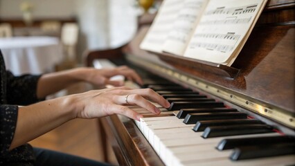 A close-up shot focusing on a pianist's hands gracefully playing the keys