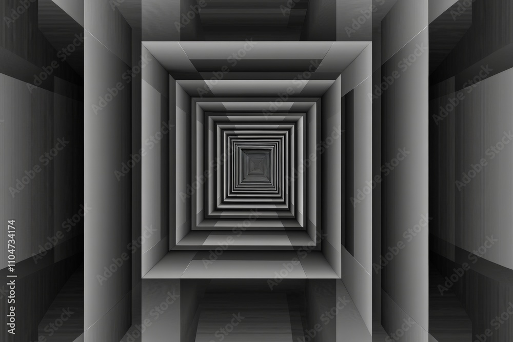 Poster An abstract design featuring a monochrome, gray-scale tunnel with infinite rectangular layers, suggesting depth and perspective in a minimalist approach.