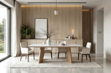 Stylish dining area with minimalist design elements including an elegant table, contemporary chairs and sophisticated decor.