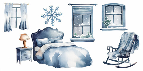 Tranquil Winter Bedroom Watercolor Illustration