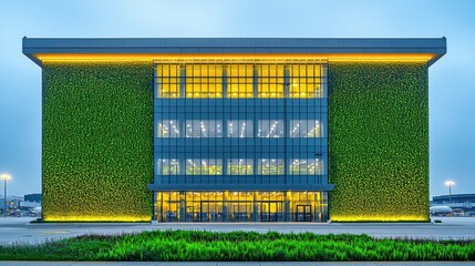 Obraz premium Modern Green Airport Building Exterior at Night