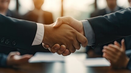 A handshake between two business professionals signifies an agreement or partnership in a conference room, with colleagues in the background.
