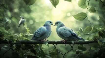 Fototapeta premium Two Blue Birds Perched on a Fence Surrounded by Lush Green Leaves
