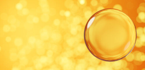 黄色背景に浮かぶ透明な球体。玉ボケ。コピースペース。3D（横長）