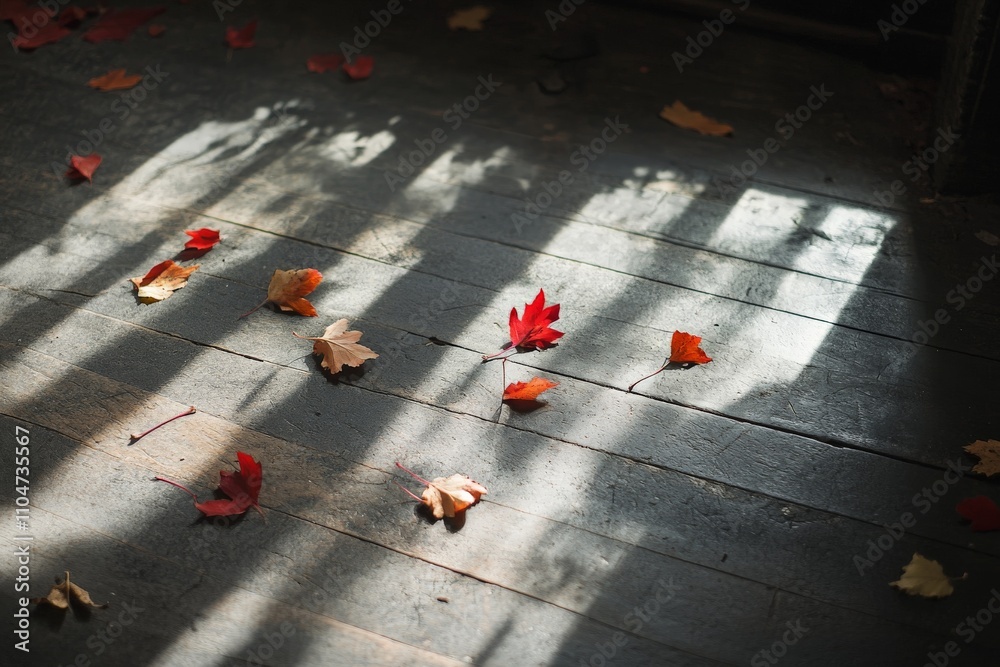 Poster autumn leaves casting gentle shadows on a wooden floor illuminated by the soft, natural light coming