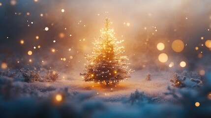 Naklejka premium A glowing Christmas tree illuminated in a snowy landscape, evoking holiday warmth and magic.
