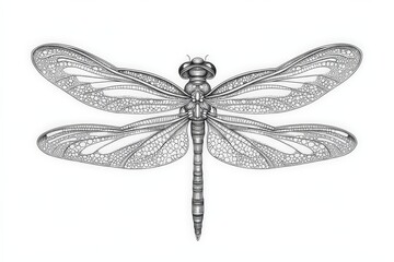 A line design dragonfly with detailed transparent wings, portrayed in a delicate and graceful style emphasizing the art of detailed line drawing and nature's beauty.