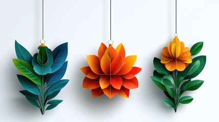 Vibrant paper art flowers hanging against minimalist white background