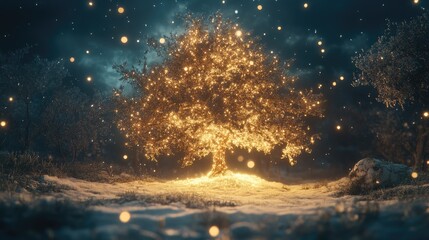 A glowing tree surrounded by a magical atmosphere and soft snowflakes.