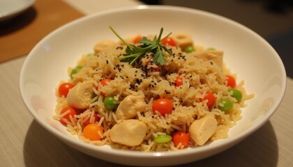  A colorful and appetizing rice dish with vegetables and herbs