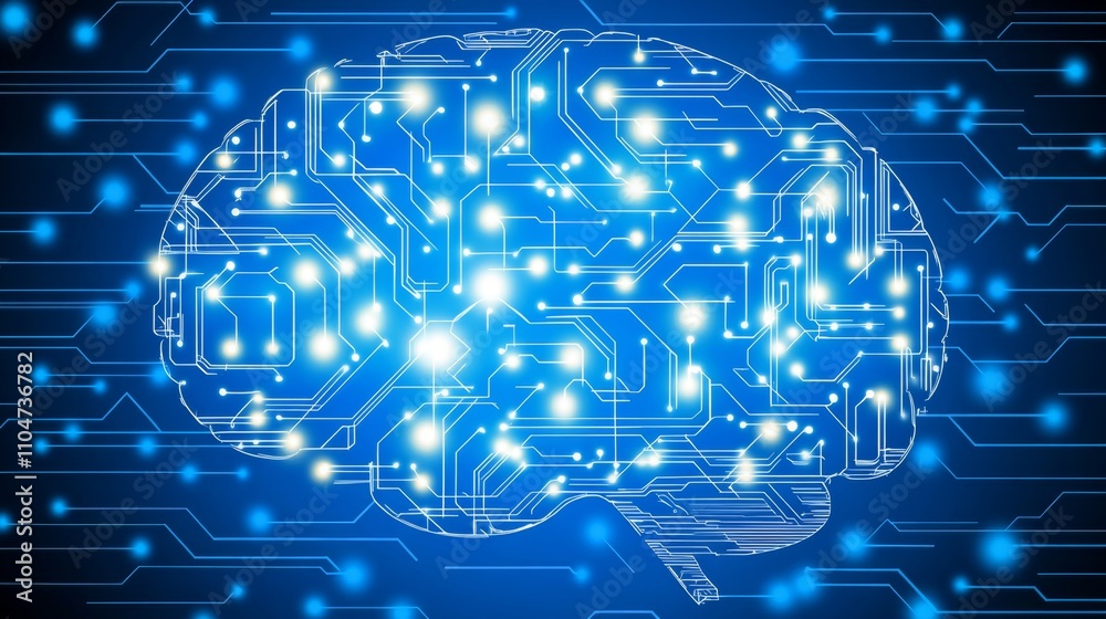 Poster Futuristic Digital Brain with Circuit Patterns and Glowing Lights