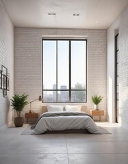 Fototapeta premium Minimalist bedroom with large window overlooking white brick wall outside , window view, serene atmosphere, natural light
