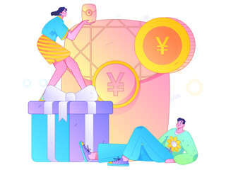 Use red envelopes to attract new customers and promote activity. Flat vector character concept illustration
