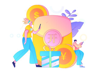 Use red envelopes to attract new customers and promote activity. Flat vector character concept illustration
