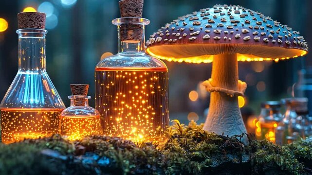 Mysterious glowing mushroom and potion bottles in an enchanted forest at night