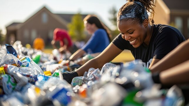 A group of volunteers happily sorting recyclable plastic bottles outdoors in a community setting.