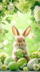 Cute bunny with painted easter eggs surrounded by spring flowers on a sunny day. Happy Easter