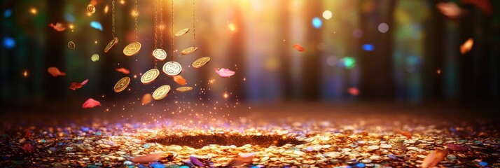 Magical forest scene with falling gold coins and vibrant leaves. Happy St. Patrick's day. Trap for leprechaun.