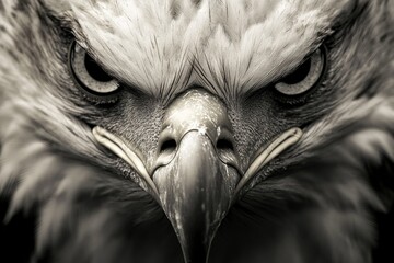 This monochrome image powerfully captures the fixed, intense stare and textured feathers of an eagle, symbolizing strength and the timeless authority of nature.