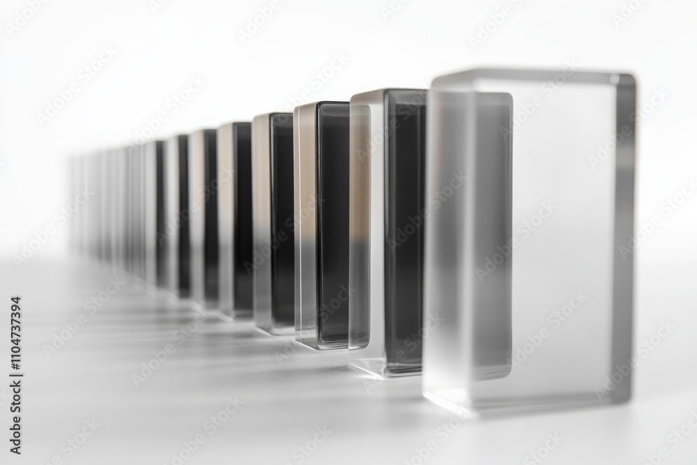 Poster Gradient glass blocks arranged in sequence, capturing and refracting light in elegant ways, noticeable for their monochrome spectrum and sleek, modern design.
