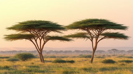 Obraz premium African Savanna Sunset Two Acacia Trees Golden Hour Landscape
