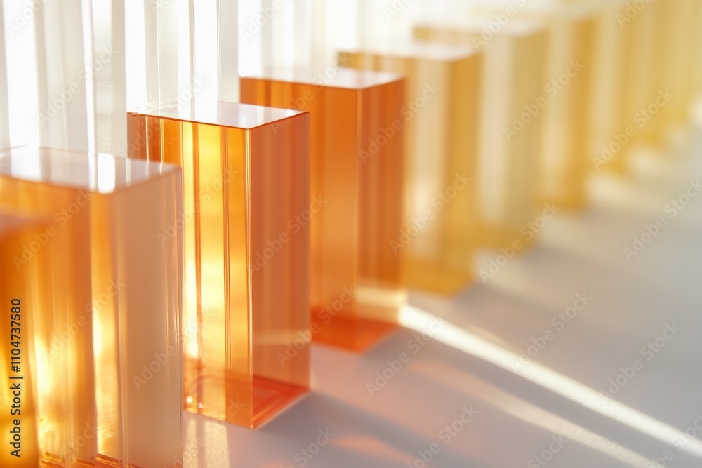 Poster Translucent blocks arranged in a sequence, allowing light to pass through and creating a warm, ambient glow that highlights their soft orange and cream tones.