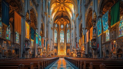 Obraz premium Grand Cathedral Interior Gothic Architecture Religious Ceremony Banners Altars Stained Glass