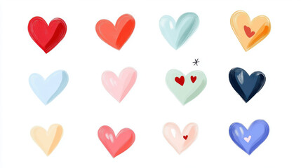 Colorful heart illustrations in various styles and shades evoke feelings of love and affection. Perfect for romantic themes or creative projects