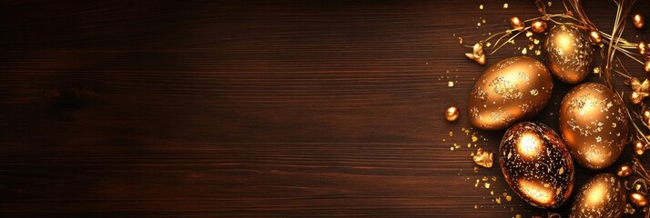 Naklejka premium Festive golden easter eggs on rustic wooden background. Happy Easter Mocha Mousse
