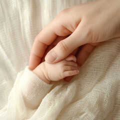 Closeup photo of newborn's tiny hand squeezing mother's thumb on isolated white textile background.