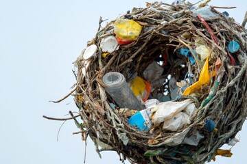 A detailed view of a bird's nest created from discarded plastic fragments, highlighting the fusion between artificial material and organic twigs as a reflection on waste impacts.