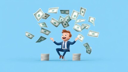 Corruption and bribery concept with politician surrounded by money falling from the sky
