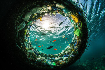 image depicts striking underwater scene showcasing circular view filled with marine debris, highlighting impact of pollution on ocean life. vibrant fish contrast with surrounding plastic waste,