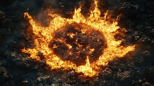 Aerial view of a burning Earth with flames emerging from its core
