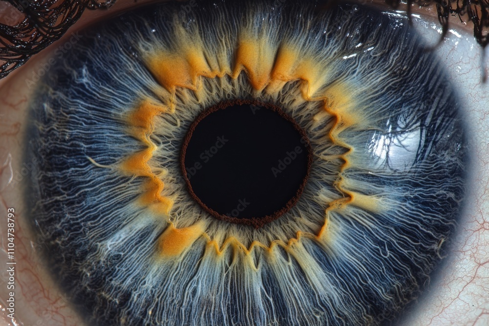 Poster an artistic close-up image focusing on an eye's iris, showcasing detailed patterns and vibrant hues,