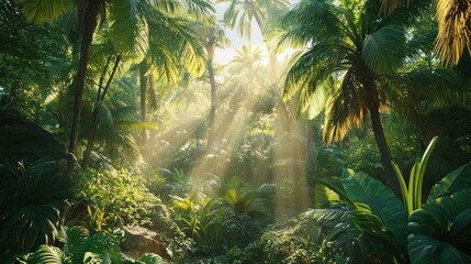 Lush tropical forest with sunlight filtering through dense foliage.