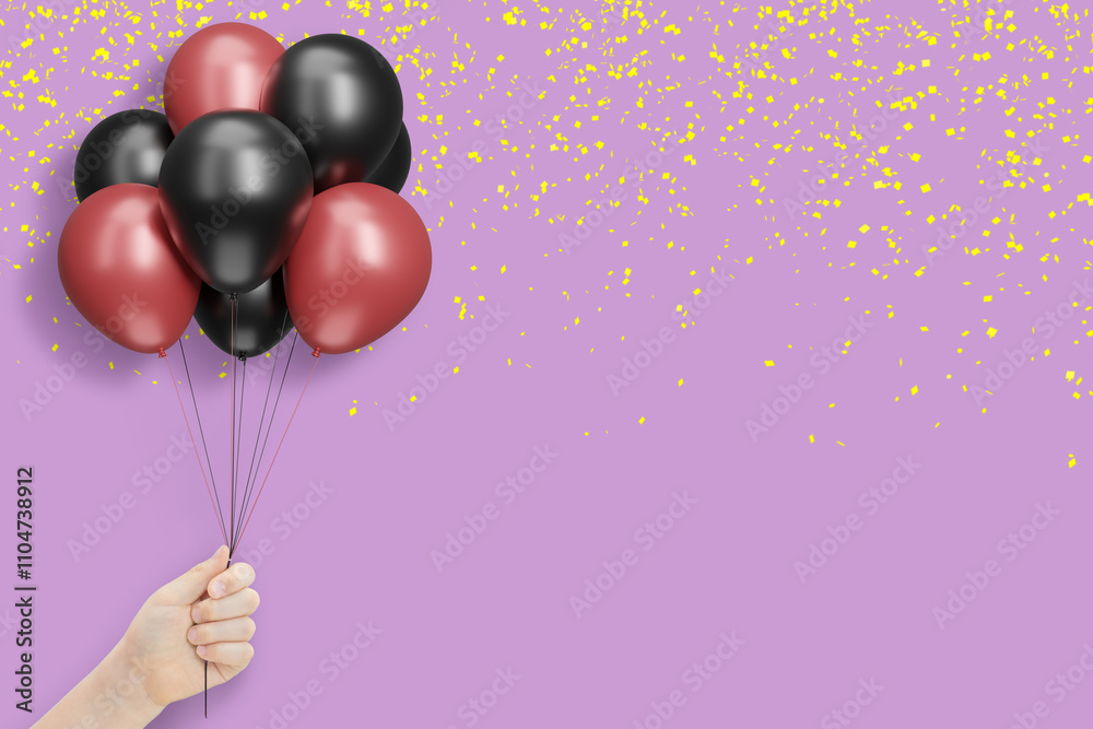 Poster female hand holds bunch of red and black balloons on violet background with confetti. empty space fo