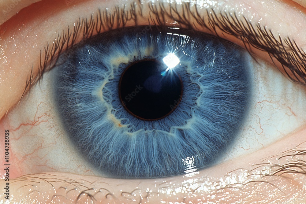 Poster A macro photograph of a blue eye, focusing on the richly detailed and captivating patterns within the iris, set against a sharp and clear background.