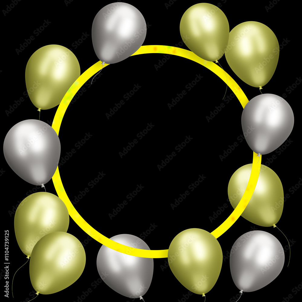 Aufkleber Golden frame with gold and silver balloons on black background. Empty space for text. 3d rendering