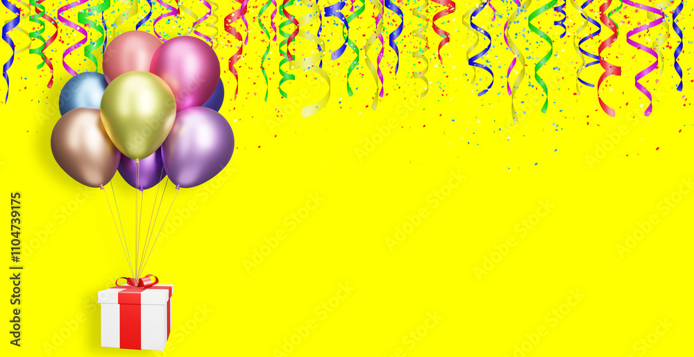 Aufkleber Flying gift box with multicolored balloons on yellow background with curly ribbon. Empty space for text. 3d rendering