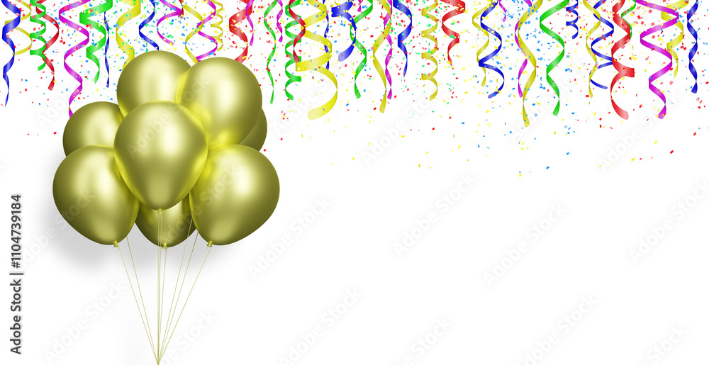 Aufkleber Bunch of golden or yellow balloons on white background with confetti. Empty space for text. 3d rendering