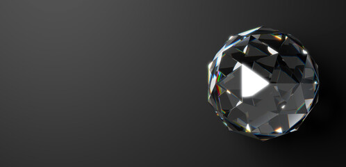 黒背景にキラキラと輝く丸い宝石の3dイラスト。俯瞰。コピースペース。（横長）