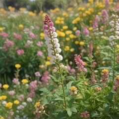 Obraz premium Close-up of white burnet bush against yellow and pink flowers, petals, outdoors, blooming, sunny, flora