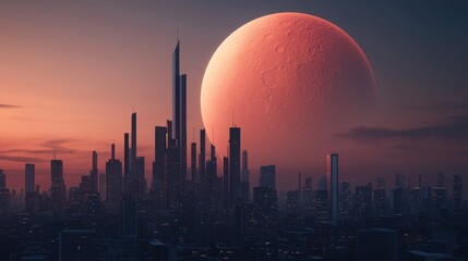 Fototapeta premium A futuristic city skyline under a large red moon during sunset, showcasing tall skyscrapers against a vibrant, atmospheric sky.