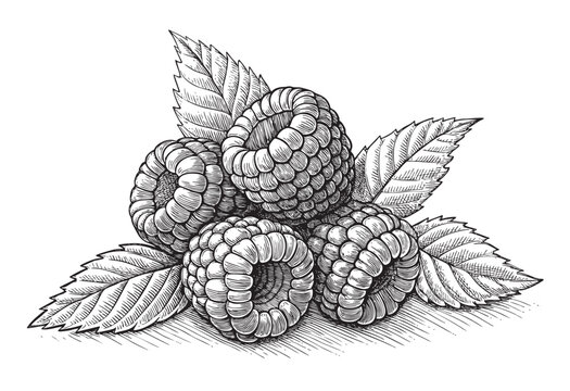 fresh raspberries with leaves sketch sketch hand dawn drawing vector illustration