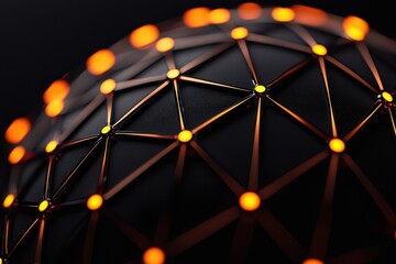 A close-up of a spherical structure with glowing dots connected by thin lines, evoking a futuristic, digital network design.